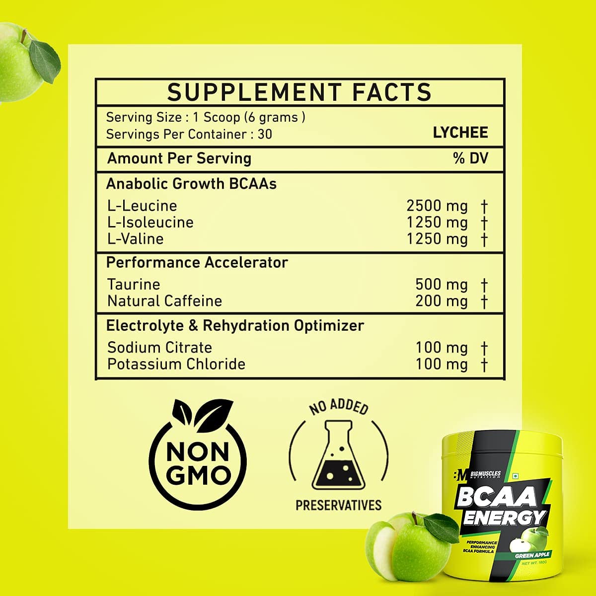 Big Muscles BCAA Energy (180 g | 0.39 lb, 30 Servings, Green Apple Flavour)