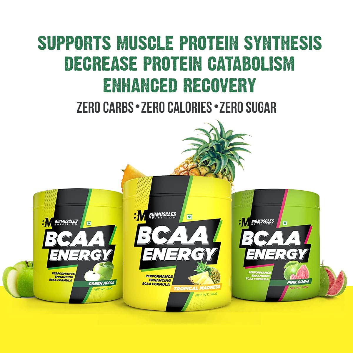 Big Muscles BCAA Energy (180 g | 0.39 lb, 30 Servings, Green Apple Flavour)